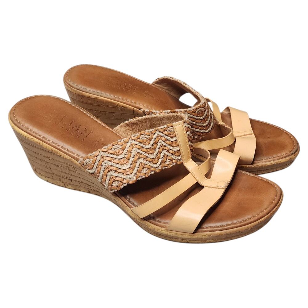 Italian Shoemakers Womens Wedge Sandals Size 8M Tan Made in Italy Slip On Boho